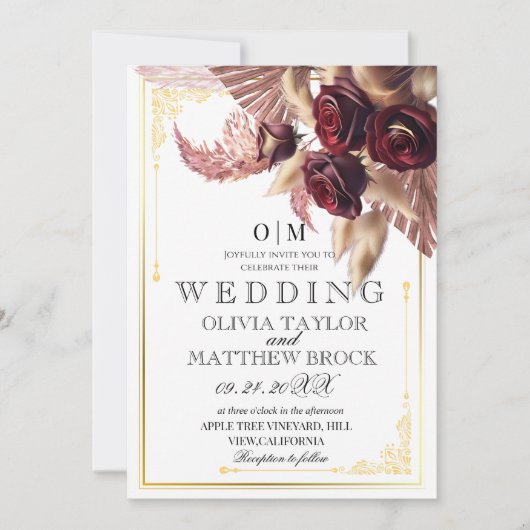 Bourgondische Boho bloemstuk rode rozen pampas Bru Kaart (Voorkant)