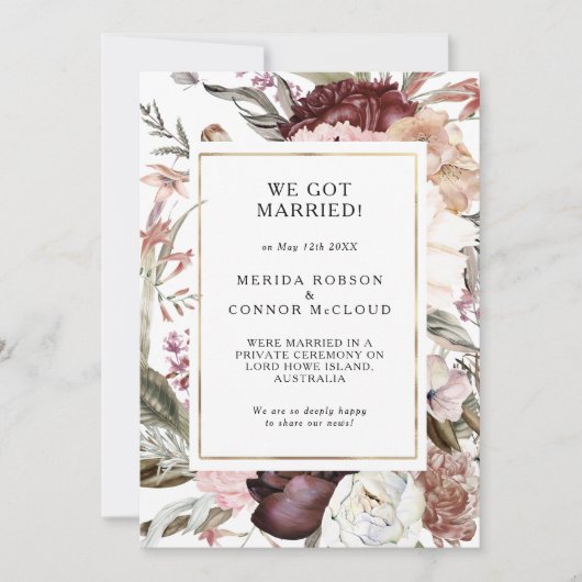 Bourgondische Boho Floral Elopement Aankondiging (Voorkant)