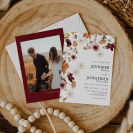Bourgondische Boho-herfst bloemen foto trouwkaart Kaart