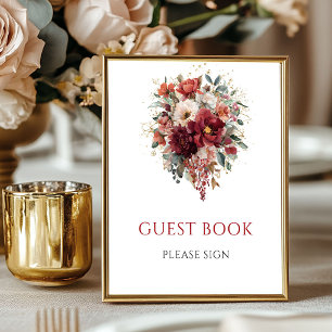 Bourgondische Boho Herfst Bloemen Gastboek Tafelmo Poster