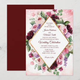 Bourgondische Boho Wijn Waterverf Bloemen Bruiloft Kaart