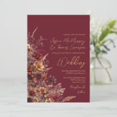 Bourgondische Boho-wilde bloemen & foto QR-code tr Kaart (Staand voorkant)
