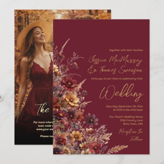 Bourgondische Boho-wilde bloemen & foto QR-code tr Kaart (Voorkant / Achterkant)