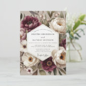 Bourgondische Botanische Bloeiende Bruiloft Kaart (Staand voorkant)