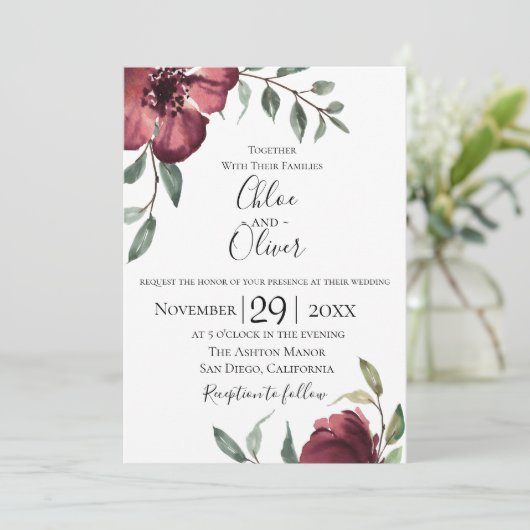 Bourgondische botanische huwelijksuitnodiging kaart (Staand voorkant)