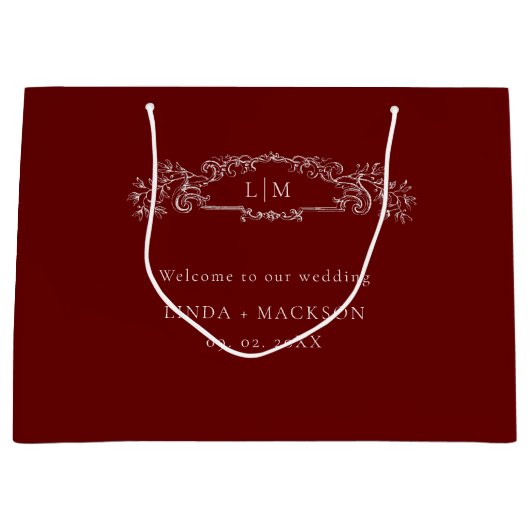 Bourgondische botanische kam monogram bruiloft groot cadeauzakje (Voorkant)