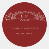 Bourgondische botanische kam monogram bruiloft ronde sticker (Voorkant)