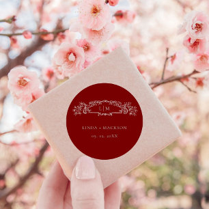 Bourgondische botanische kam monogram bruiloft ronde sticker
