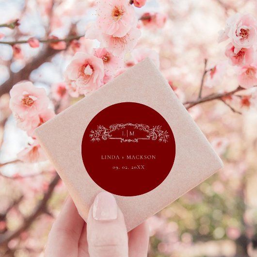 Bourgondische botanische kam monogram bruiloft ronde sticker