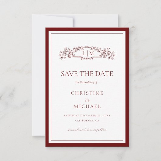 Bourgondische botanische kam monogram bruiloft save the date (Voorkant)