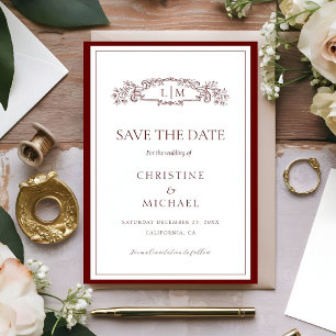 Bourgondische botanische kam monogram bruiloft save the date