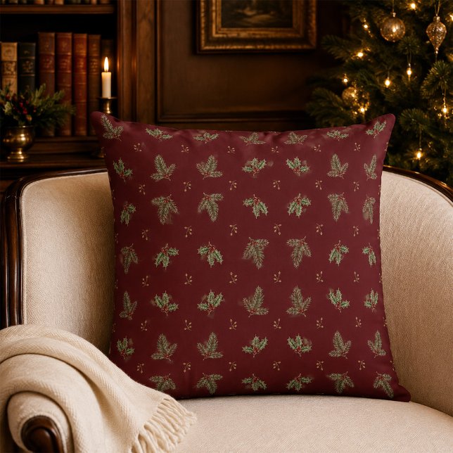 Bourgondische botanische kerstkussen kussen (Burgundy Botanical Christmas Throw Pillow)