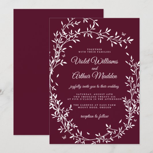 Bourgondische botanische krans bruiloft uitnodigin kaart (Voorkant / Achterkant)