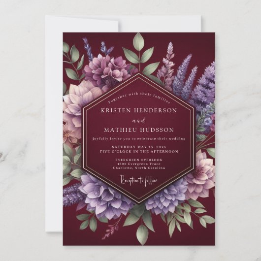 Bourgondische Botanische Romantische Bruiloft Kaart (Voorkant)