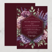 Bourgondische Botanische Romantische Bruiloft Kaart (Voorkant / Achterkant)