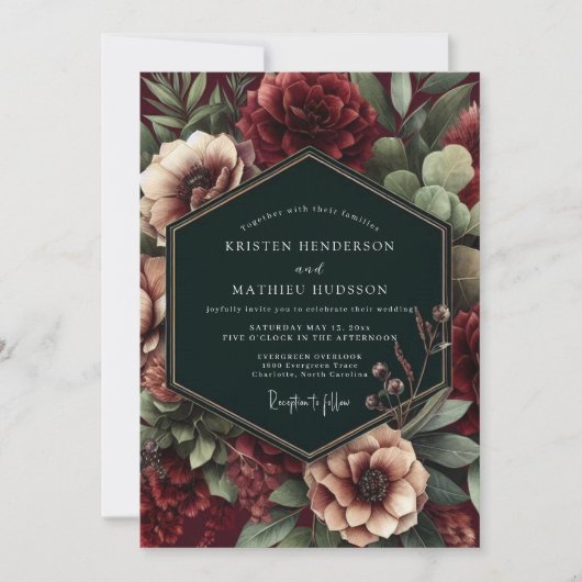 Bourgondische Botanische Romantische Bruiloft Kaart (Voorkant)