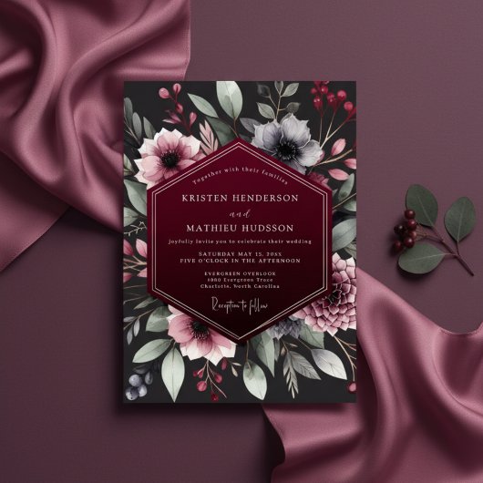Bourgondische Botanische Romantische Bruiloft Kaart
