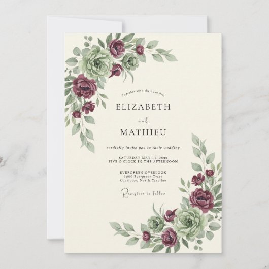 Bourgondische Botanische Whimsy Bruiloft Kaart (Voorkant)
