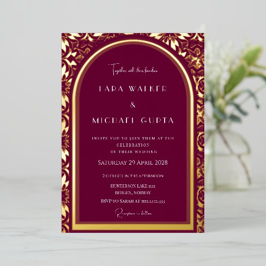 Bourgondische bruiloft (Retro-Dotted) Folie Uitnodiging (Staand Voorkant)