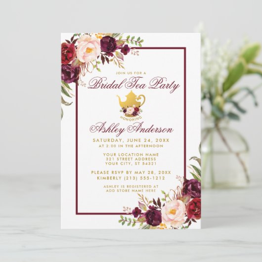 Bourgondische Bruiloft Thee Feest Gouden Uitnodigi Kaart (Staand voorkant)