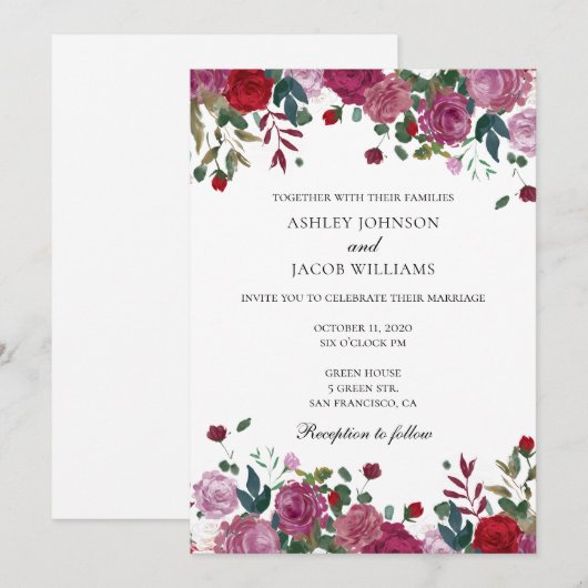 Bourgondische bruiloft uitnodiging. Paarse en rode Kaart (Voorkant / Achterkant)