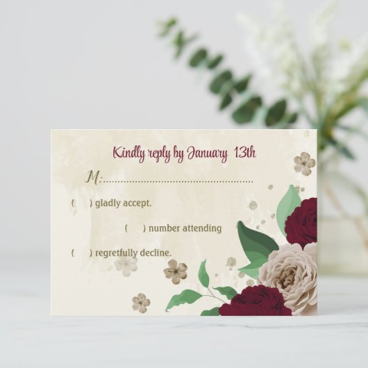 Bourgondische champagne bloemen botanische bruilof RSVP kaartje (Staand voorkant)