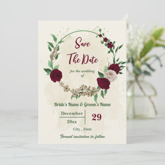 Bourgondische champagne bloemen botanische bruilof save the date (Staand voorkant)