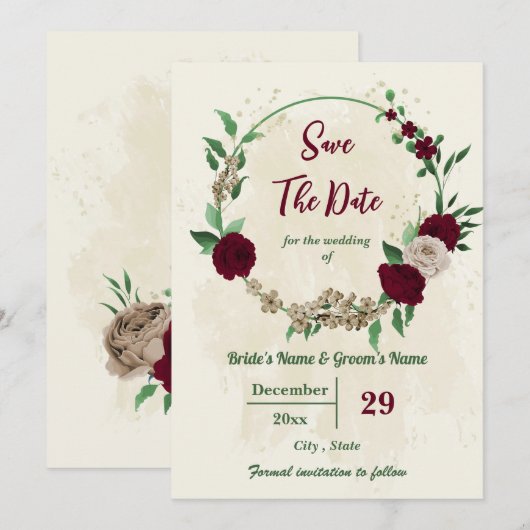 Bourgondische champagne bloemen botanische bruilof save the date (Voorkant / Achterkant)