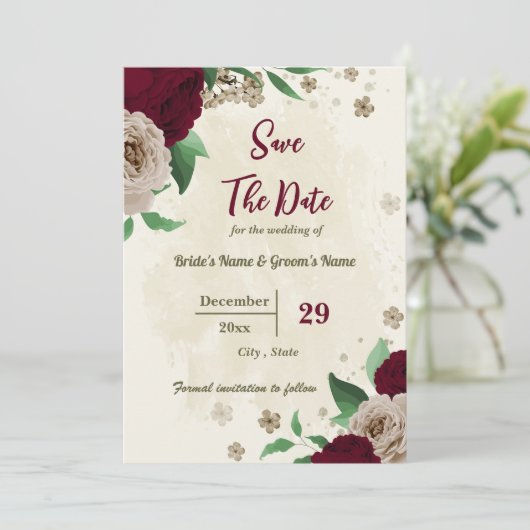 Bourgondische champagne bloemen botanische bruilof save the date (Staand voorkant)