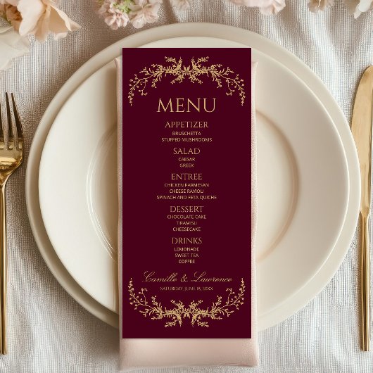 Bourgondische Champagne Toile Bloemstuk Bruiloft Menu