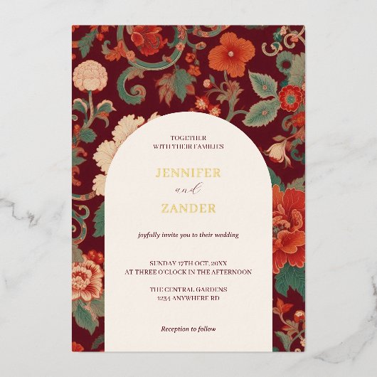 Bourgondische Chinoiserie Bruiloft Elegant Klassie Folie Uitnodiging (Voorkant)