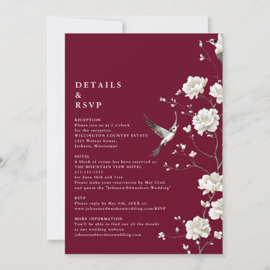 Bourgondische Chinoiserie Floral in één bruiloft Kaart (Achterkant)