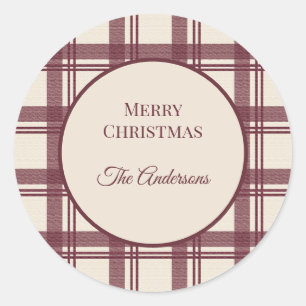 Bourgondische Crème Tartan Kerstmis Ronde Sticker
