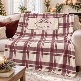 Bourgondische Crème Tartan Plaid Strik Kerstmis Fleece Deken