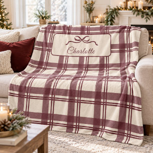 Bourgondische Crème Tartan Plaid Strik Kerstmis Fleece Deken