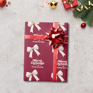 Bourgondische crèmekleurige strik retro Kerstmis Cadeaupapier