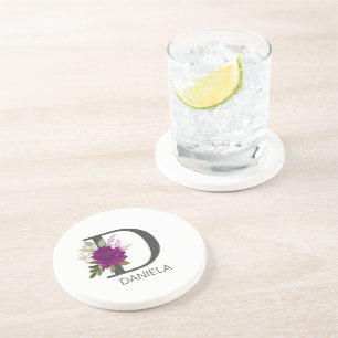 Bourgondische Dahlia Bloemalfabet Letter Monogram Zandsteen Onderzetter