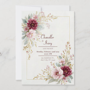 Bourgondische Dahlia Roze Roze Gouden Lijst Trouwd Kaart