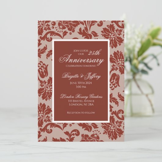 Bourgondische damasten uitnodiging voor jubileum (Staand voorkant)