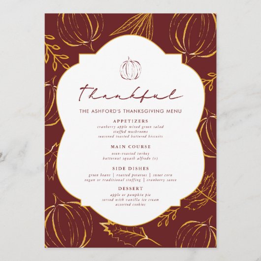 Bourgondische dankbare pompoenen & bladeren Thanks Menu (Voorkant)