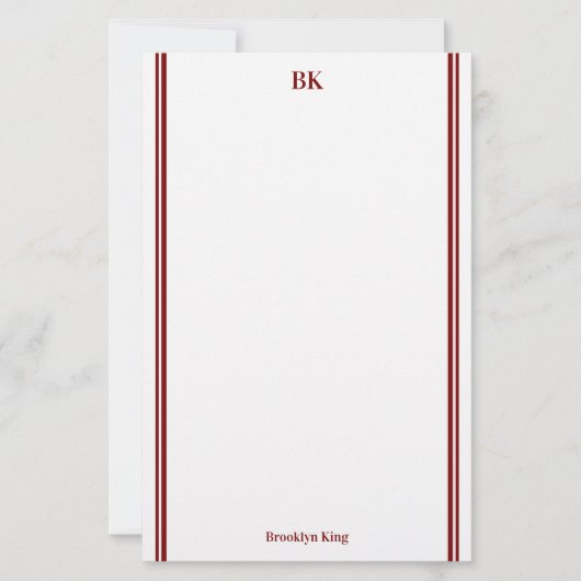 Bourgondische dubbele lijnen monogram & naam briefpapier (Voorkant)