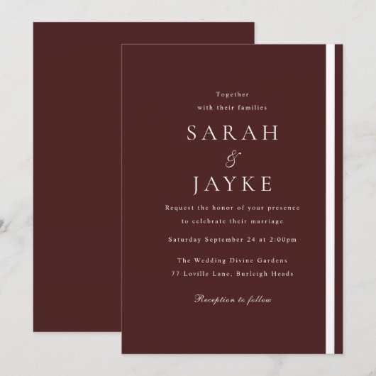 Bourgondische elegantie Moderne bruiloft Kaart (Voorkant / Achterkant)