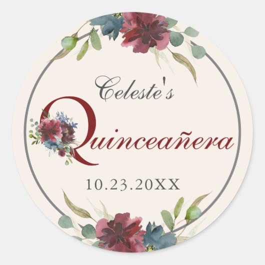 Bourgondische en Blauwe Bloemige Quinceanera Feest Ronde Sticker (Voorkant)