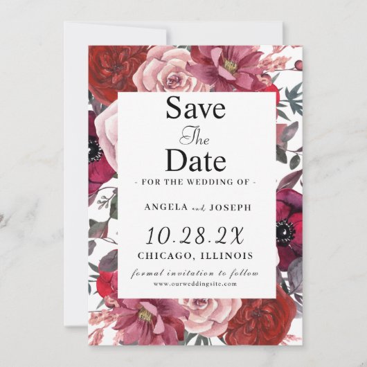 Bourgondische en blush bloemige trouwkaart save the date (Voorkant)