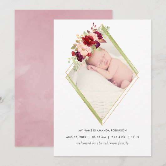 Bourgondische en Blush Geometrische Geboorte Aanko Aankondiging (Voorkant / Achterkant)