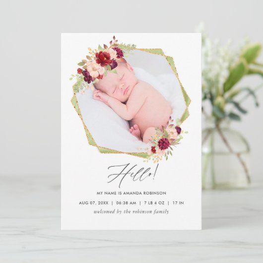 Bourgondische en Blush Geometrische Geboorte Aanko Aankondiging (Staand voorkant)