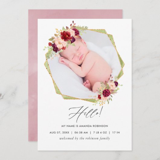 Bourgondische en Blush Geometrische Geboorte Aanko Aankondiging (Voorkant / Achterkant)