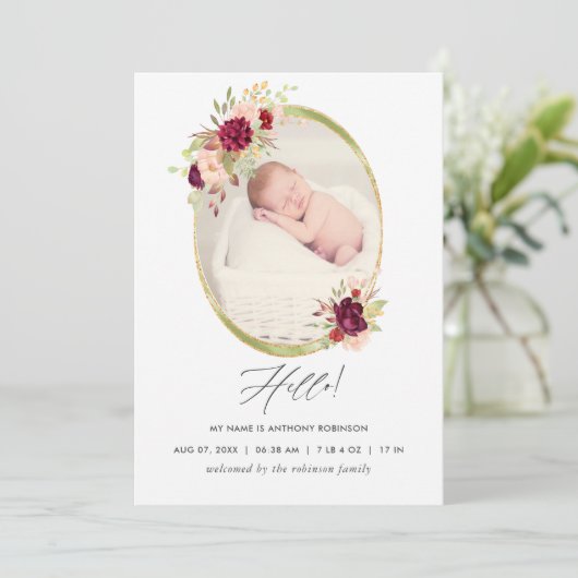 Bourgondische en Blush Geometrische Geboorte Aanko Aankondiging (Staand voorkant)