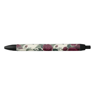Bourgondische en bosgroene bloemen zwarte inkt pen