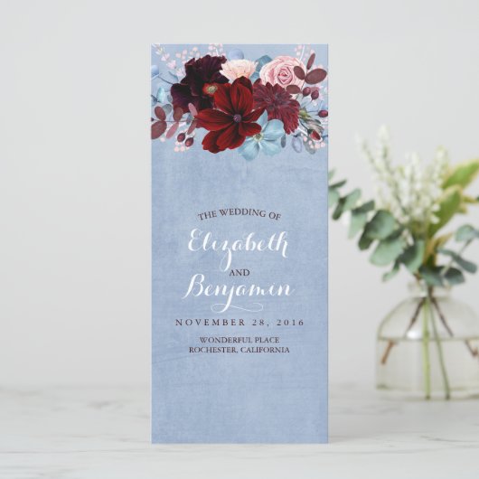 Bourgondische en Dusty Blue bruiloft programma's (Staand voorkant)